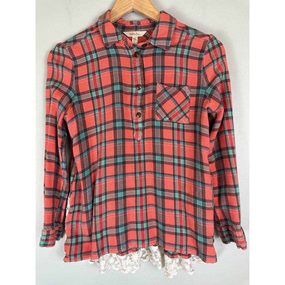 Matilda Jane Plaid Flannel Tunic Top Medium Lace Hem Long Sleeve Boho Cottagecor